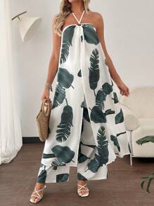 SHEIN 2pcs Maternity Leaf Print Halter Top And Pants Set, Summer Vacation - Multicolor - View 3