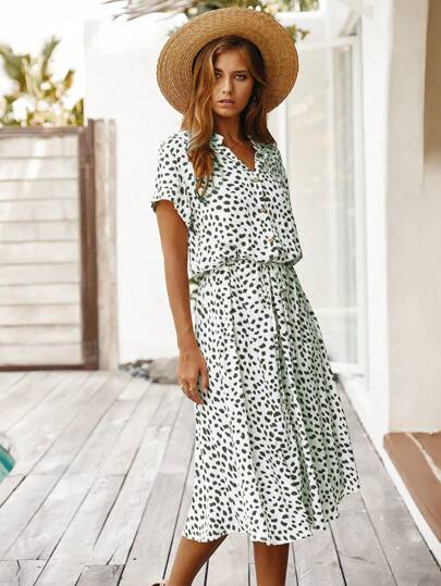 EMERY ROSE Women's Full Print Button Decor V-Neck Cinched Waist Short Sleeve Dress