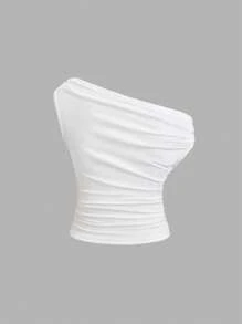 Sweetra 女士新款春夏黑色纯色褶皱不对称领口百搭设计上衣配金色装饰，性感通勤休闲黑色 T 恤 - 白色 - 查看 2