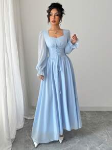 Modelyn 法式优雅收腰夏季连衣裙，简约时尚 - 藍色 - 查看 6