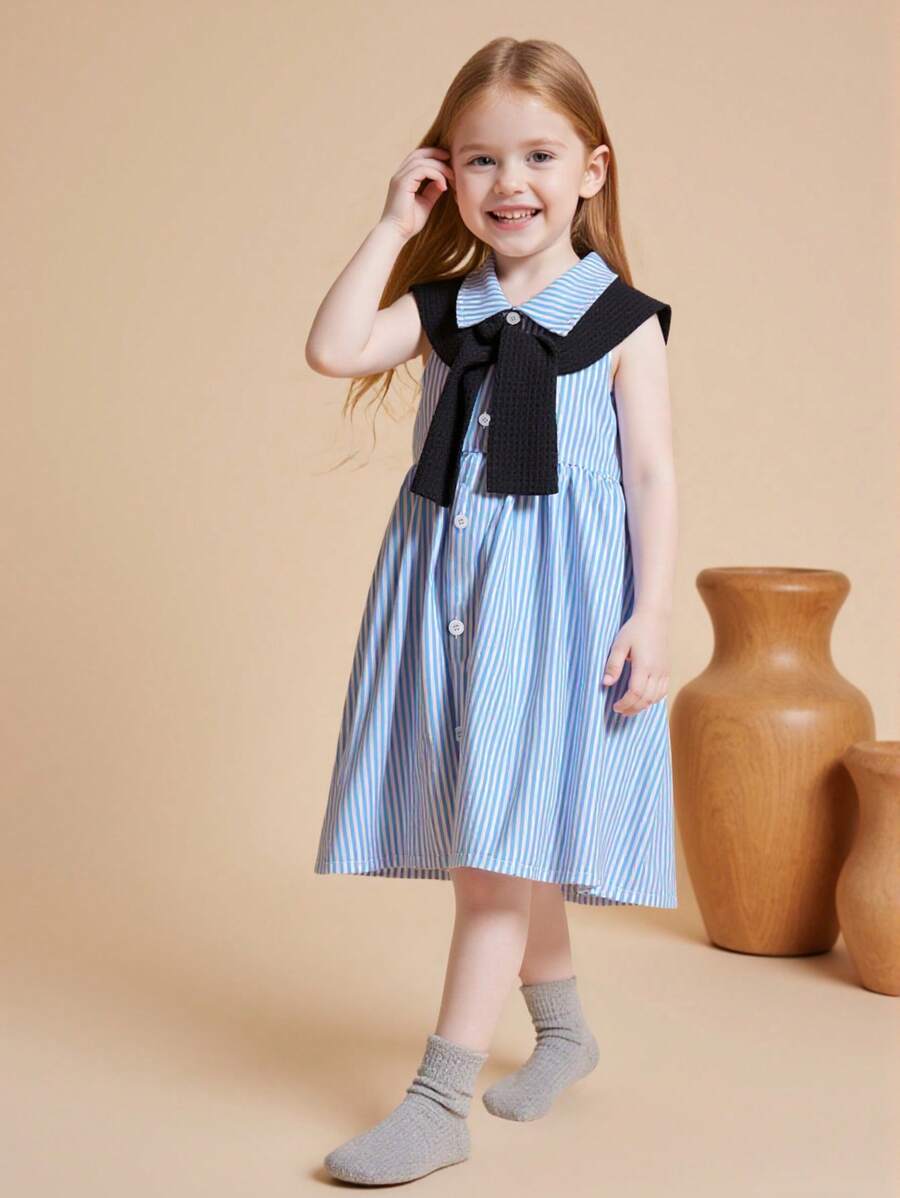 Kleine Mädchen Lässig gestreiftes ärmelloses Knopfkleid mit Schal, geeignet für Alltag, Sport, Outdoor, Schule, Sommer - Blau-Weiß - Übersicht 1