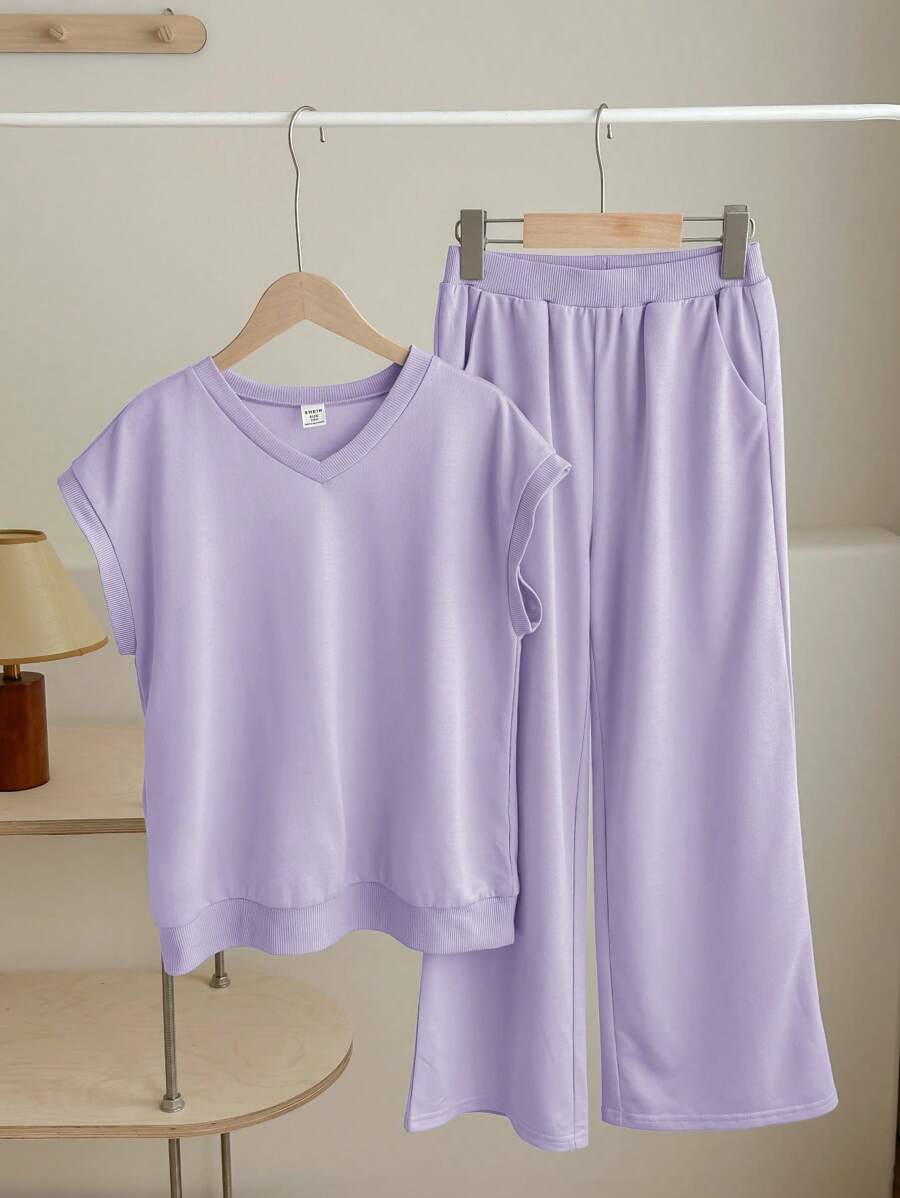 SHEIN Tween Girls Ribbed V-Neck Loose T-Shirt And Wide-Leg Pants Casual 2 Pieces Set - Mauve Purple - View 1