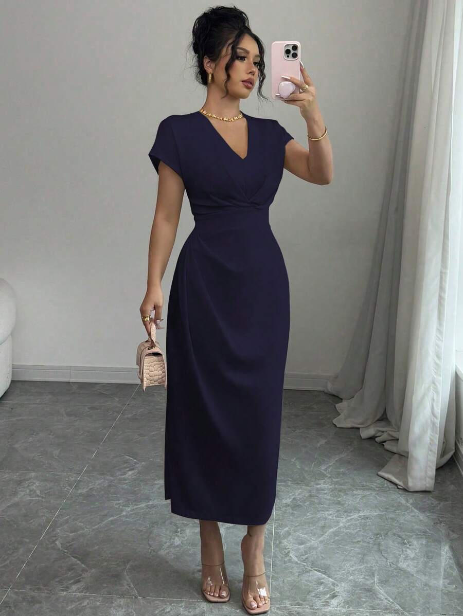 Selianne Vestido con cintura entallada y abertura, de unicolor y estilo elegante francés - Azul Marino - Ver 1