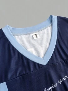 SHEIN 少女宽松休闲简约舒适 V 领短袖 T 恤和荷叶边下摆短裙 2 件套 - 藏蓝色 - 查看 9