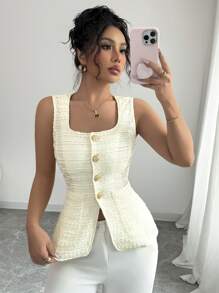 SHEIN Unity معطف أنيقة وكاجوال وكلاسيكية بدون أكمام مزودة بياقة مربعة بيضاء للنساء، ملابس علوية ربيعي - لون مشمشي - مشاهدة 1