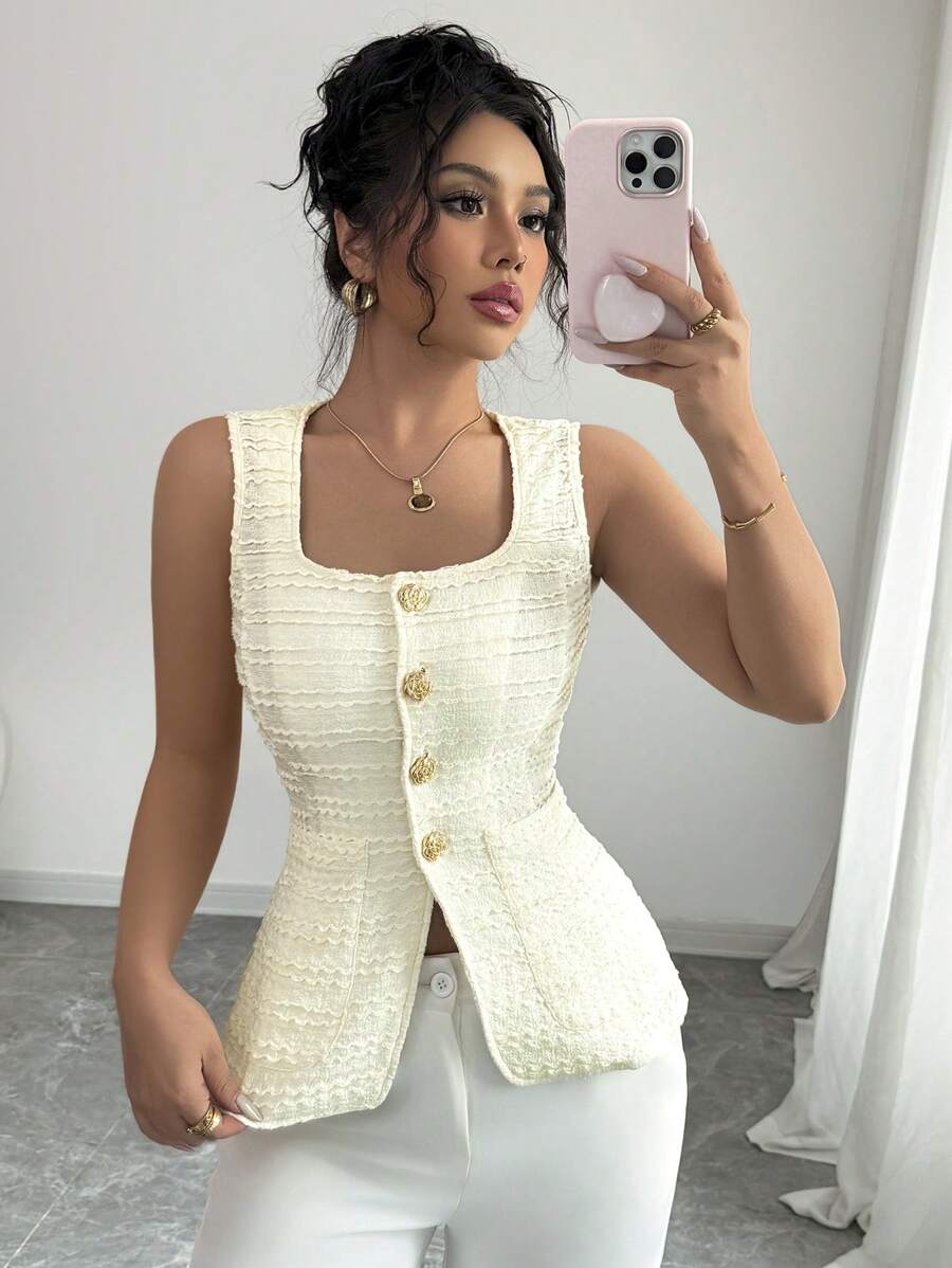 SHEIN Unity معطف أنيقة وكاجوال وكلاسيكية بدون أكمام مزودة بياقة مربعة بيضاء للنساء، ملابس علوية ربيعي - لون مشمشي - مشاهدة 1
