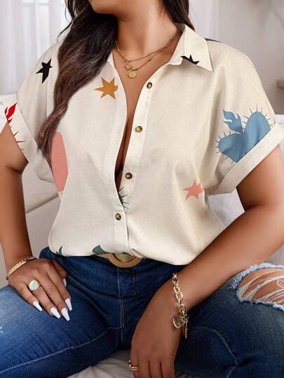 Calvaya Camisa de manga corta con estampado aleatorio tallas grandes, ropa de verano de moda