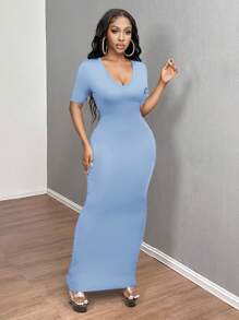 SHEIN SXY 女式纯色 V 领修身短袖连衣裙 Hoco Dresses - 淺藍色 - 查看 5