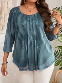 EMERY ROSE Plus Size Women's Early Spring 3/4 Sleeve Blue Floral Print Shirt - Baby Blue - View 4