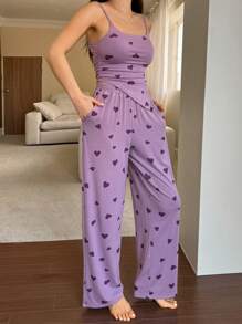 DAZY Asymmetrical All-Over Print Camisole And Relaxed Straight Leg Pajama Set - Purple - View 4
