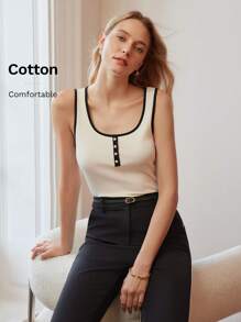 MOTF CONTRAST PIPING BUTTON FRONT TANK TOP - Beige - View 9