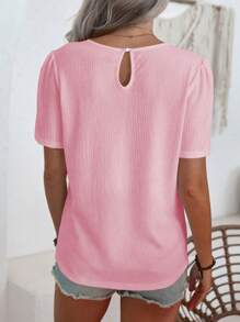 SHEIN LUNE 女士纯色褶皱圆领短袖休闲衬衫 - 粉色 - 查看 2