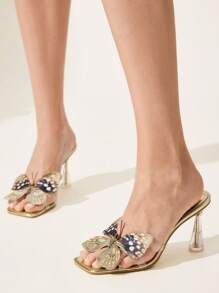 CUCCOO CHICEST 女士透明 PVC 蝴蝶装饰露趾透明高跟凉鞋，方头金色 - 金色 - 查看 6