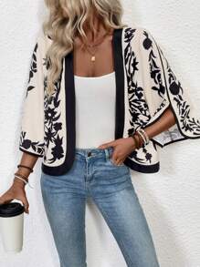 EMERY ROSE Women's Vacation Plant Print 3/4 Sleeve Loose Front Open Casual Lightweight Jacket