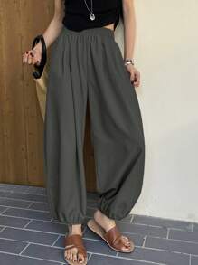 DAZY Women's Loose Solid Color Lantern Leg Cropped Pants Casual Holiday Trousers, Summer