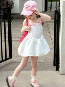 Young Girl Plain Woven Bowknot Strap Dress - White - View 5