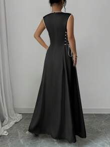 Selianne Women's Elegant White With Black A-Line Waist Accented Sleeveless Long Satin Dress - Black - View 2