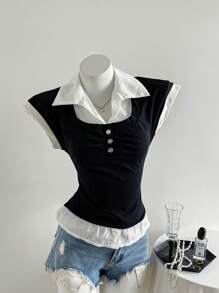 Elamini Áo cánh cài nút trang trí vá màu đen và trắng dành cho nữ, trang phục công sở/làm việc - Đen và trắng - Xem 4