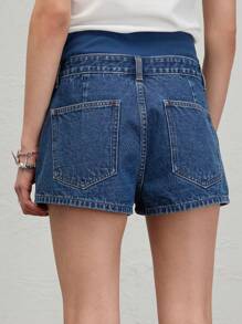 COUREZ 中腰牛仔超短裤，前缝线设计 /Y2K/休闲/棉质/夏季棉质复古 - 藍色 - 查看 7