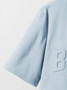 SHEIN 2 件套青少年男童休闲 3D 字母图案圆领短袖上衣和短裤套装，适合通勤、上学、日常休闲装、运动、春夏季 - 淺藍色 - 查看 6