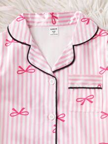 Young Girl Pajamas Pink Bow Striped Satin-Like Trim Colorblock Short Sleeve & Shorts Nightwear Set, Fashion Lapel Casual Homewear Back To School Fashion