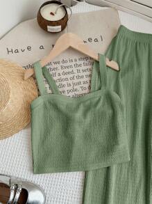 LMoss Kids LMoss 2pcs/Set Tween Girl Woven Solid Color Camisole And Wide Leg Pants - Army Green - View 5