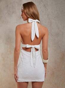 COSMINA 女式夏季纯色纹理露背吊带迷你连衣裙 - 白色 - 查看 2
