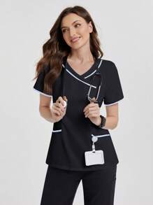 TaskEZ Contrast Trim V-Neck Short Sleeve Scrub Uniform Top - BLUE AND BLACK - View 6