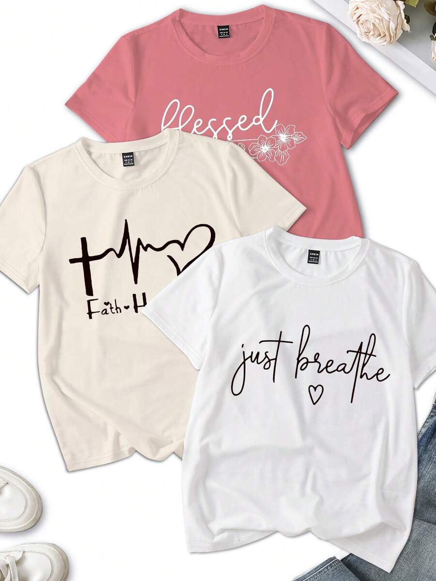 INAWLY 粉色/紫色/棕色 3 件夏季时尚简约字母印花休闲圆领短袖 T 恤，女款