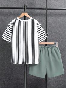SHEIN 2pcs Tween Boys' Casual Striped Short Sleeve T-Shirt And Shorts Set, Streetwear Punk Rock Preppy Style For Daily Wear, Parties, Music Festivals, Spring/Summer