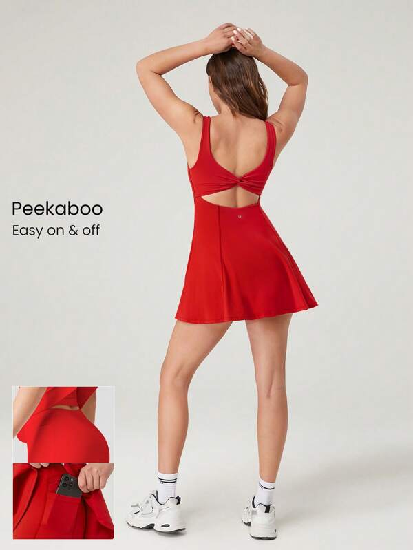 GLOWMODE FeatherFit™-Air Peekaboo Curved One-Shoulder Twisted Backless Dress With Built-In Shorts Low Impact Yoga Daily Removable Cups Spring Summer