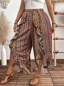 SHEIN Holidaya Plus Size Women Floral Pattern Slit Ruffle Hem Wide Leg Pants, Vacation Style - Green - View 1