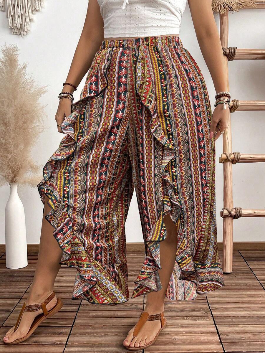 SHEIN Holidaya Plus Size Women Floral Pattern Slit Ruffle Hem Wide Leg Pants, Vacation Style - Green - View 1