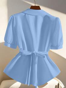 SHEIN Clasi Plus Size Women's Simple Elegant Solid Color Button Decor Bowknot Cuff Short Sleeve Light Blazer Graduation,Back To School,Teacher Outfits For Women