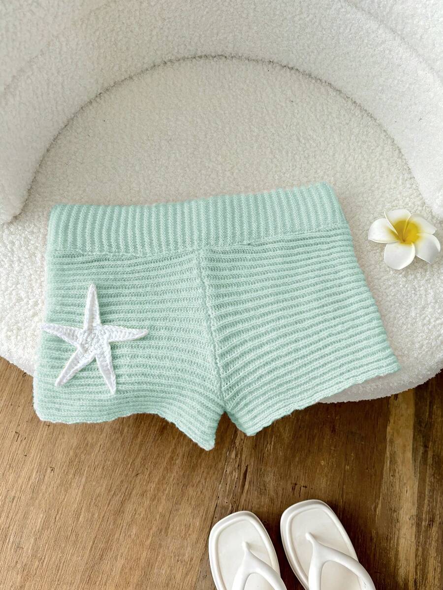 Elamini Pink Starfish Knitted Shorts - Mint Green - View 1
