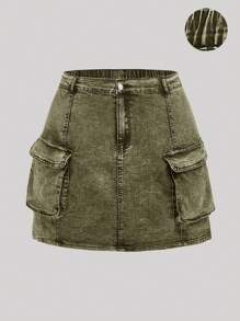 SHEIN EZwear 大码做旧酸洗黑色多口袋牛仔工装裙，休闲街头时尚，棉质