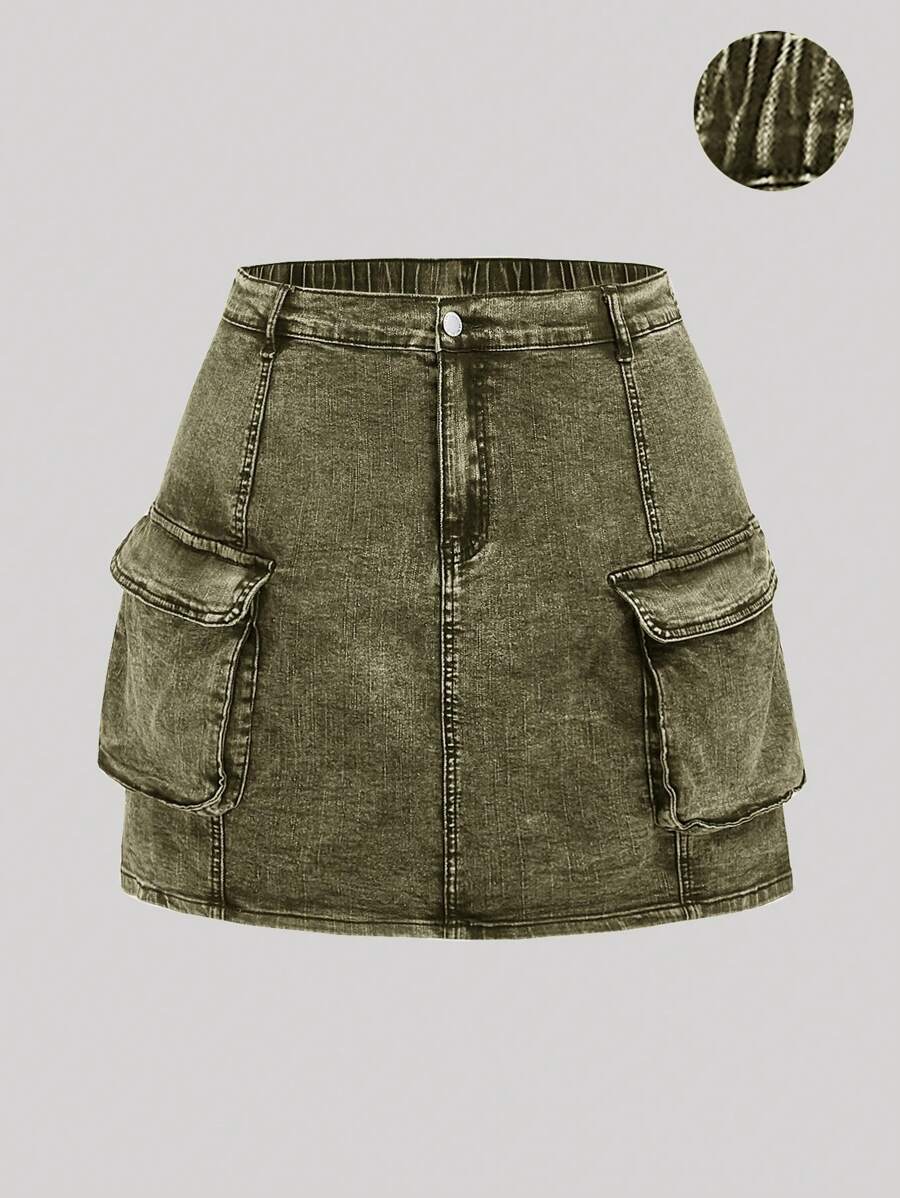 SHEIN EZwear 大码做旧酸洗黑色多口袋牛仔工装裙，休闲街头时尚，棉质