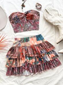 Soleia New Vacation Style Knitted Printed Twist Design Tube Top & Ruffle Hem Skirt 2Pcs Set For Women Island Vacation Outfits - Multicolor - View 1