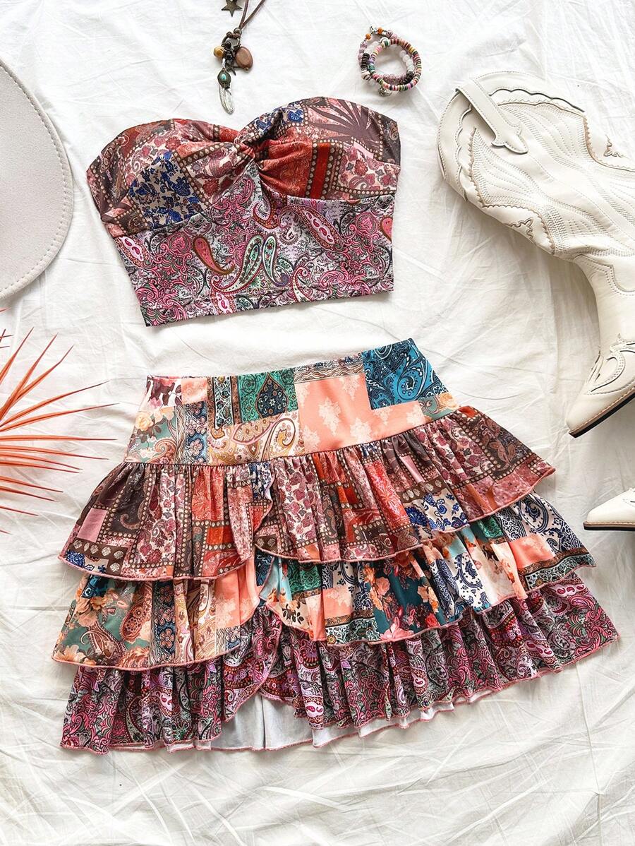 Soleia New Vacation Style Knitted Printed Twist Design Tube Top & Ruffle Hem Skirt 2Pcs Set For Women Island Vacation Outfits - Multicolor - View 1