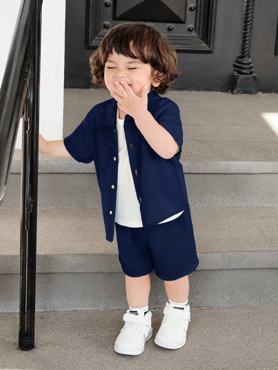 SHEIN Bộ 3 áo len cardigan tay ngắn cổ polo màu trơn cho bé trai và bé gái, quần short cạp chun và áo phông cổ tròn - Màu xanh lam - Xem 1