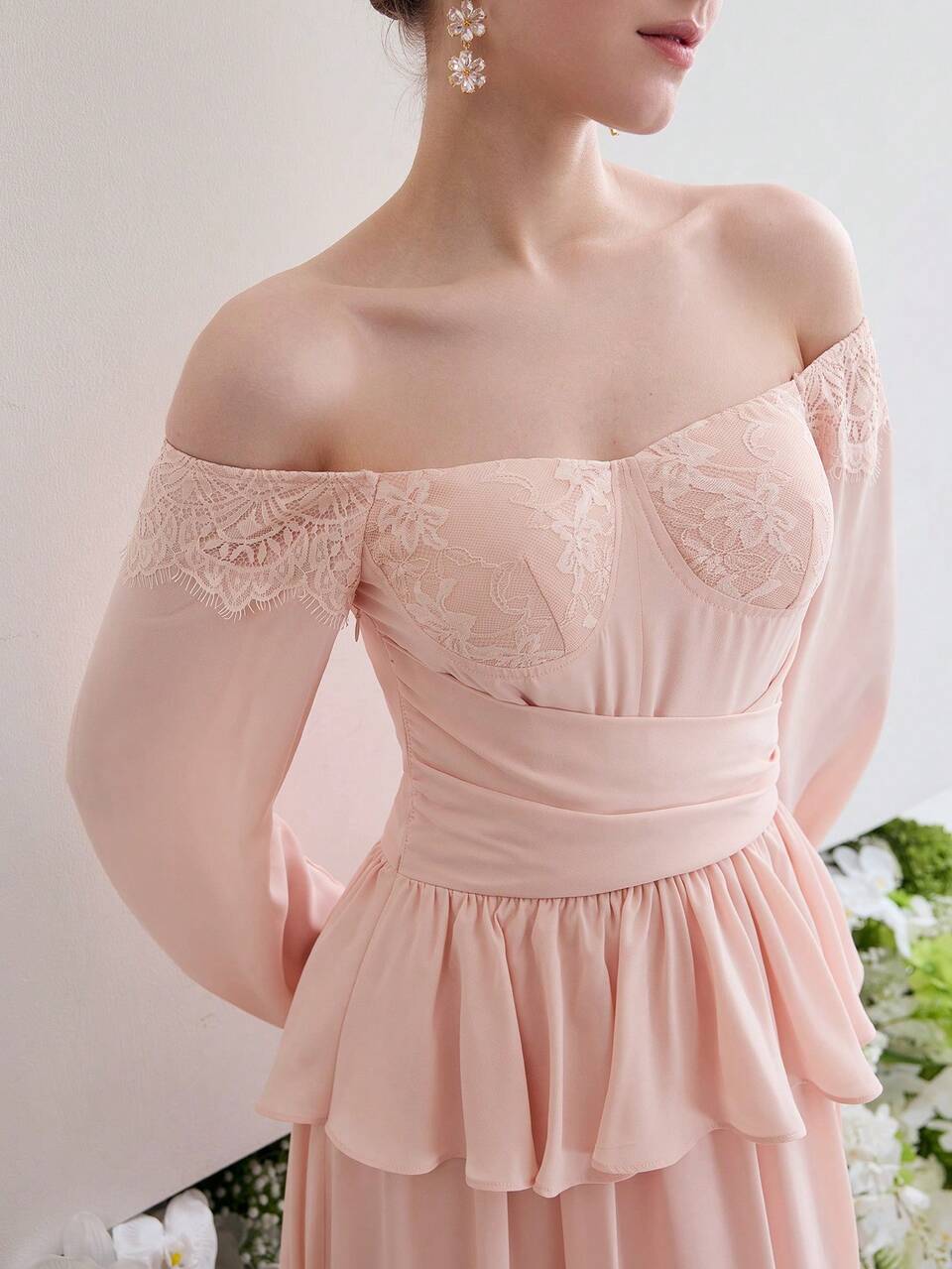 MOTF Soiréza CONTRAST LACE RUFFLE MID-CALF COCKTAIL DRESS