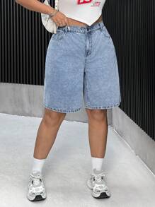 SHEIN ICON Plus Size Casual Washed Loose Denim Shorts Y2k Drake - Light Wash - View 3