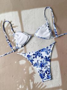 SHEIN Swim 女士度假紧身微型比基尼性感印花随机细肩带休闲优雅两件套泳衣 - 藍白色 - 查看 2