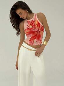 Aloruh Nueva blusa de tirantes informal para vacaciones con volantes, estampado tropical de lirios y teñido anudado, adecuada para el verano, vacaciones de primavera, festivales de música - Multicolor - Ver 6