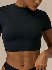 MUSERA ESSENTIALS Snatched Cap Sleeve Crop T Shirt Basic Spring Summer Casual Fall - Black - View 2