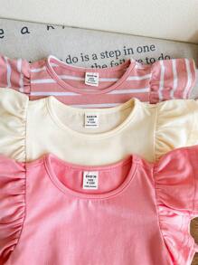 SHEIN LMoss Kids LMoss 3pcs Newborn Baby Girl Cute Summer Knitted Striped Ruffle Bodysuit Set - Multicolor - View 3