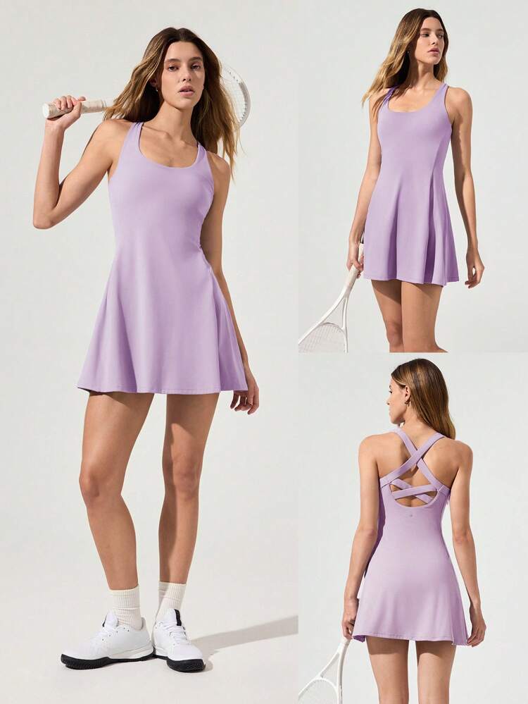 FeatherFit™-Air Peekaboo Mini Dress With Built-In Shorts Pocket Square Neck Anti-Slip Crisscross Light Support Low Impact Quick Dry Moisture Wicking Spring Summer