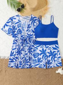 少女夏季假日海滩细肩带比基尼套装和全身印花罩衫 - 彩色 - 查看 4