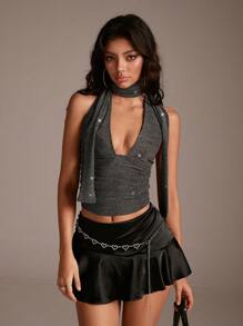 TRNVIE Áo yếm hở vai cổ chữ V bằng vải bóng gợi cảm thời trang dành cho nữ, Xuân/Hè - Bạc - Xem 4