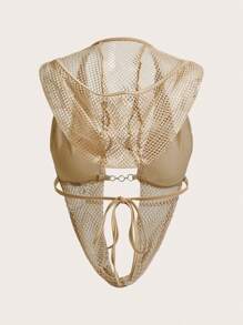 SHEIN ICON توب محصور مقطع من الشباك بتطريز معدني بقلنسوة - كاكي - مشاهدة 2